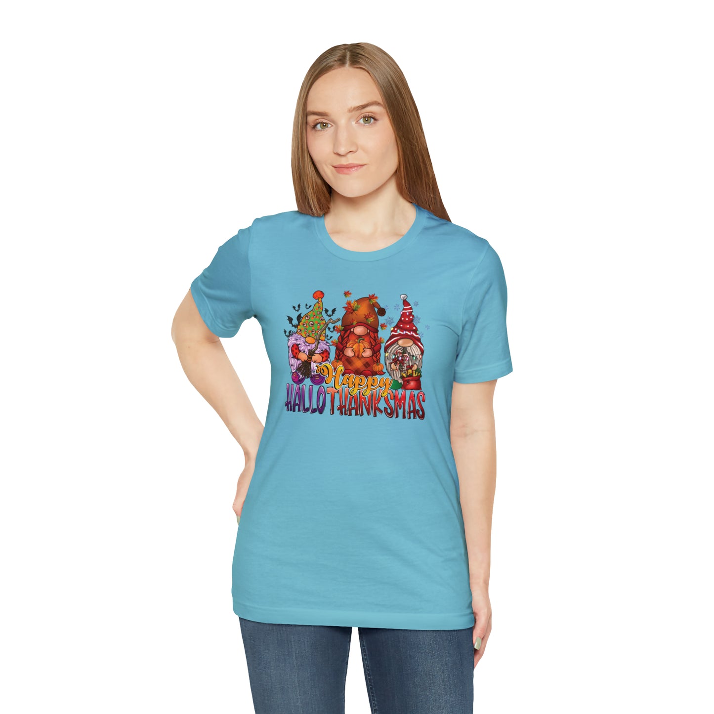 Happy HalloThanksmas Tee - Celebrate Every Season with Gnome-tastic Charm, Holiday Gift