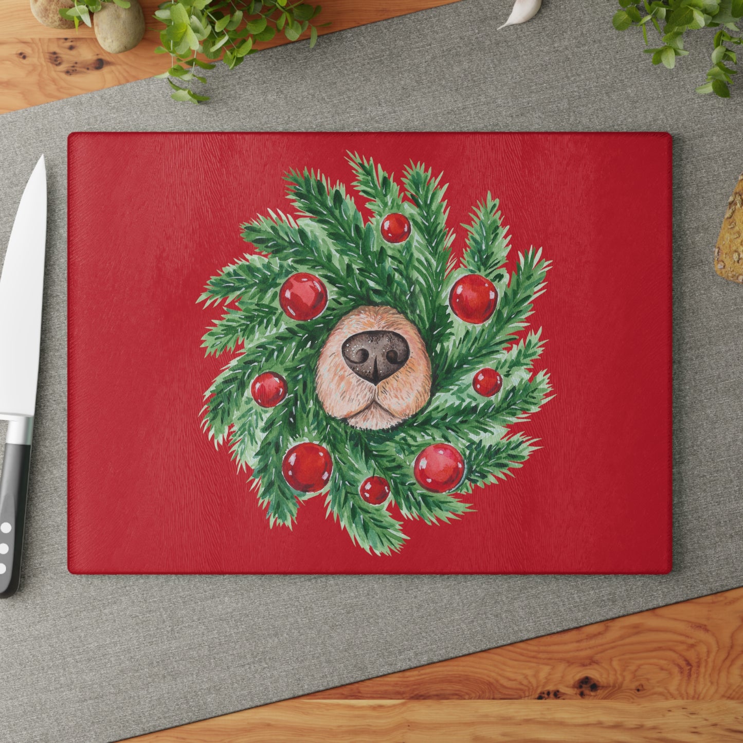 Whimsical Christmas Wreath Glass Cutting Board with Dog Nose - Festive Kitchen Decor in Two Sizes