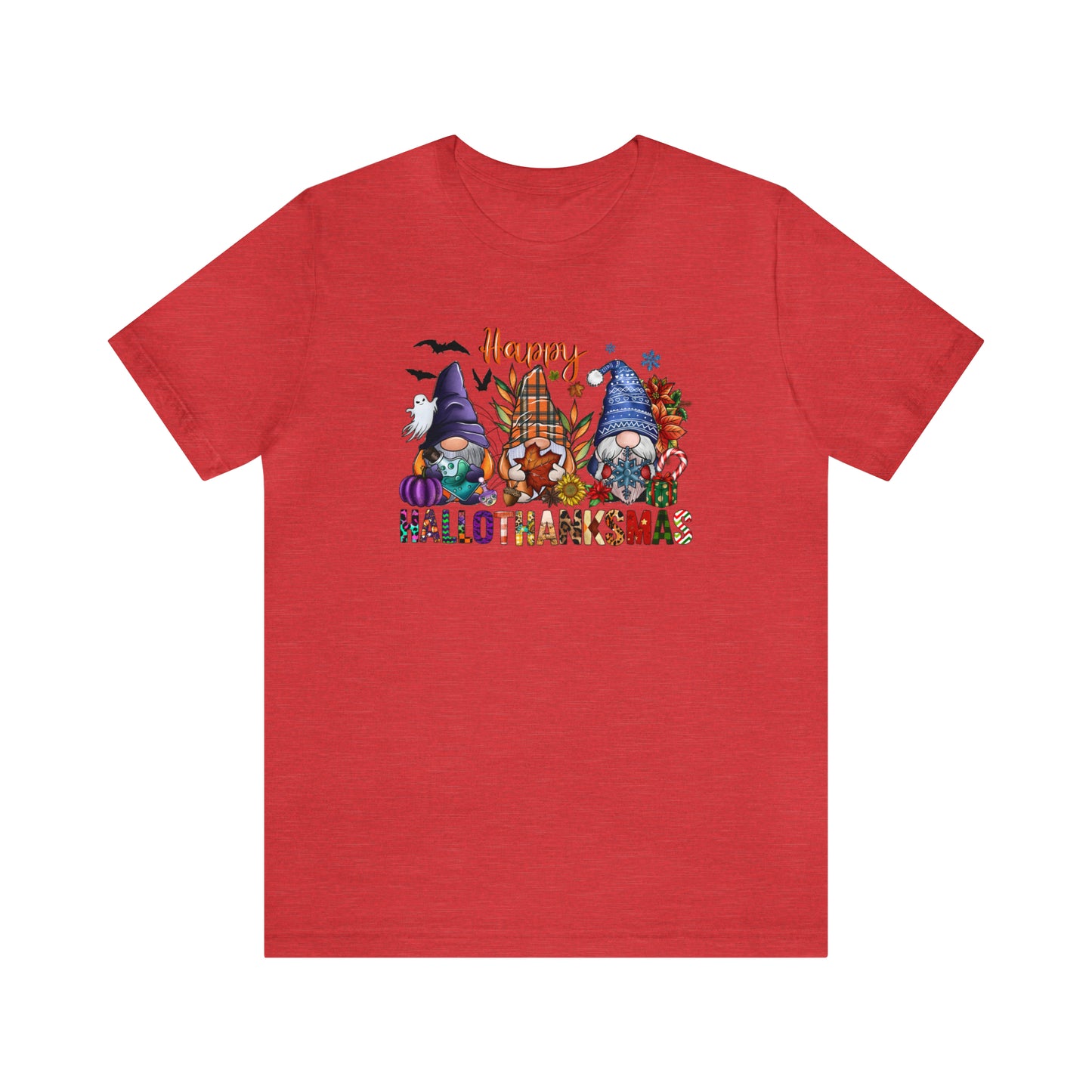 Year-Round Holiday Joy Gnome Trio Tee - Happy HALLOTHANKSMAS Celebration - Holiday Shirt