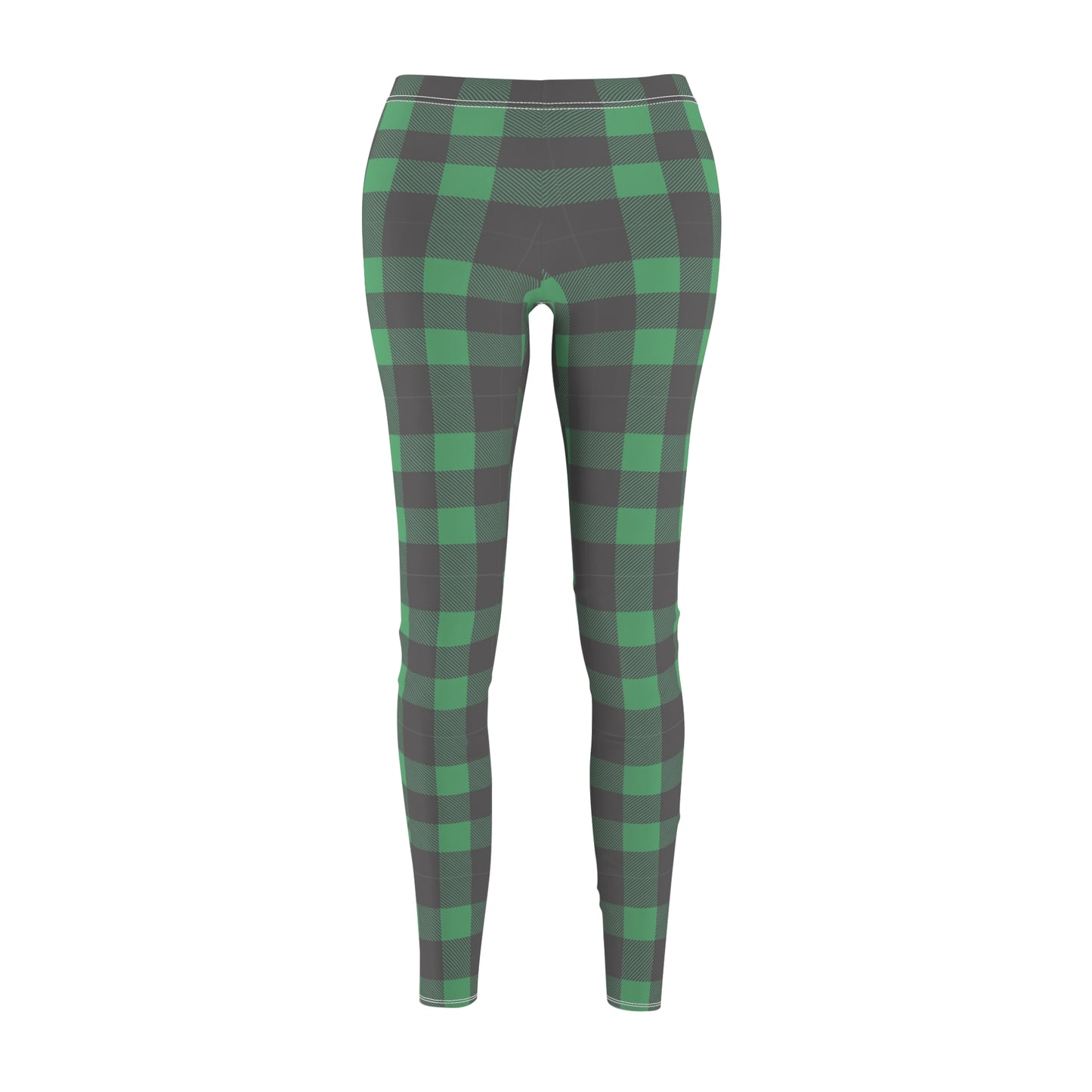 Women's buffalo plaid green leggings with christmas light faux back-seam.