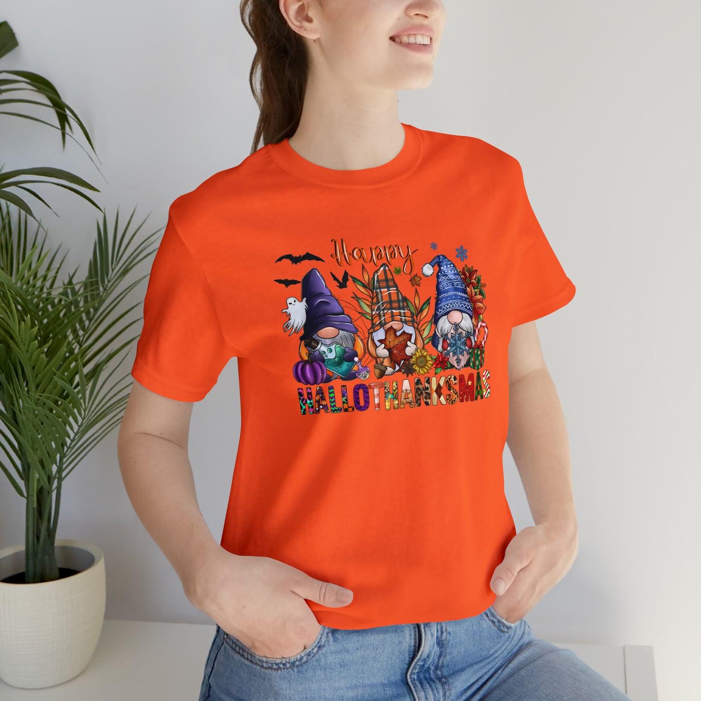Year-Round Holiday Joy Gnome Trio Tee - Happy HALLOTHANKSMAS Celebration - Holiday Shirt