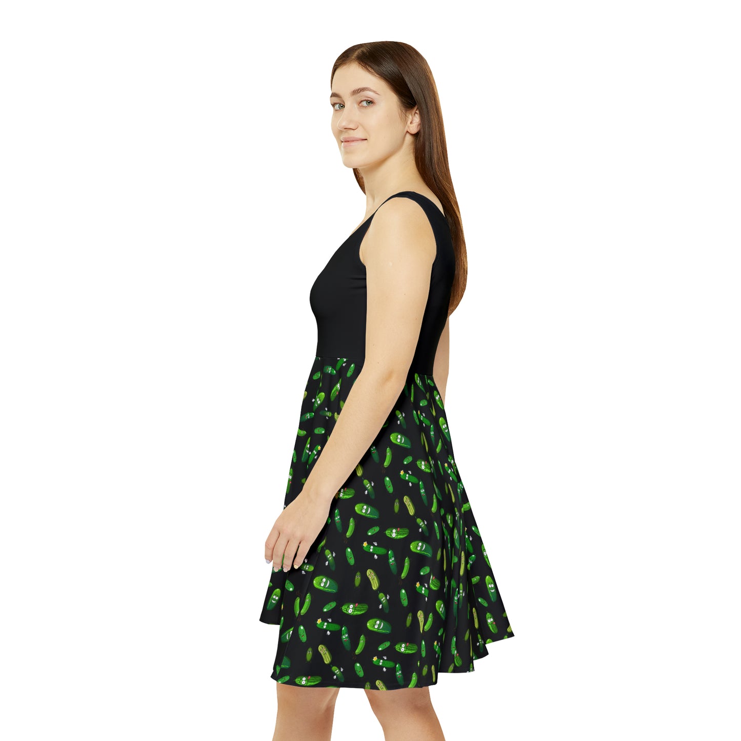 Pickle Party Delight: Black Skater Tank Dress with Whimsical Pickle Pattern
