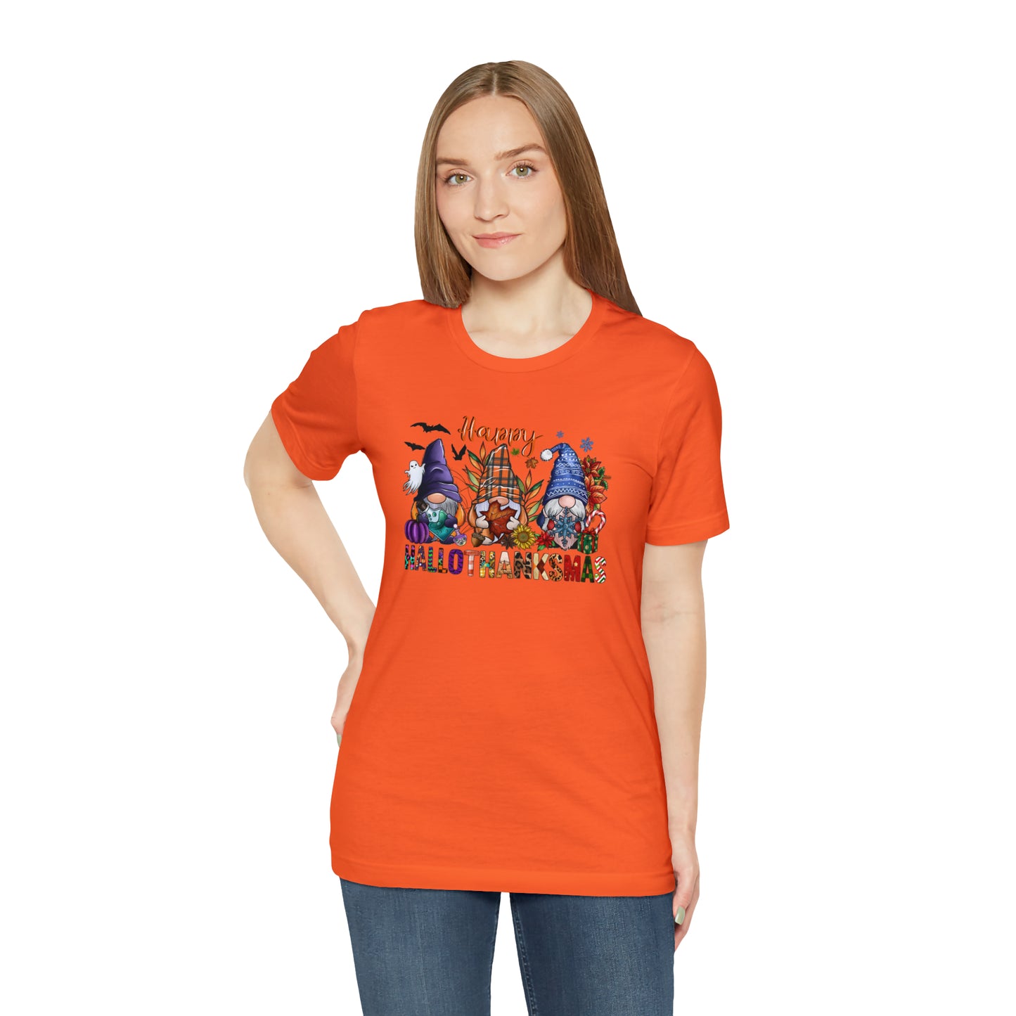 Year-Round Holiday Joy Gnome Trio Tee - Happy HALLOTHANKSMAS Celebration - Holiday Shirt