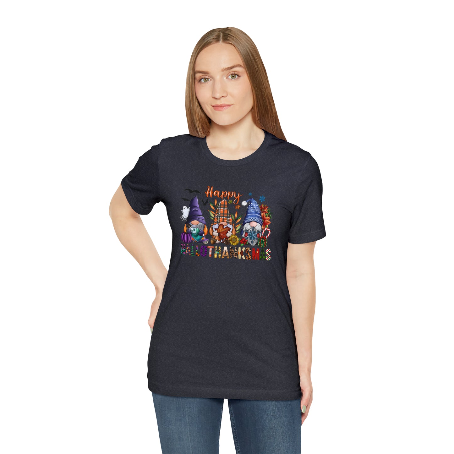 Year-Round Holiday Joy Gnome Trio Tee - Happy HALLOTHANKSMAS Celebration - Holiday Shirt