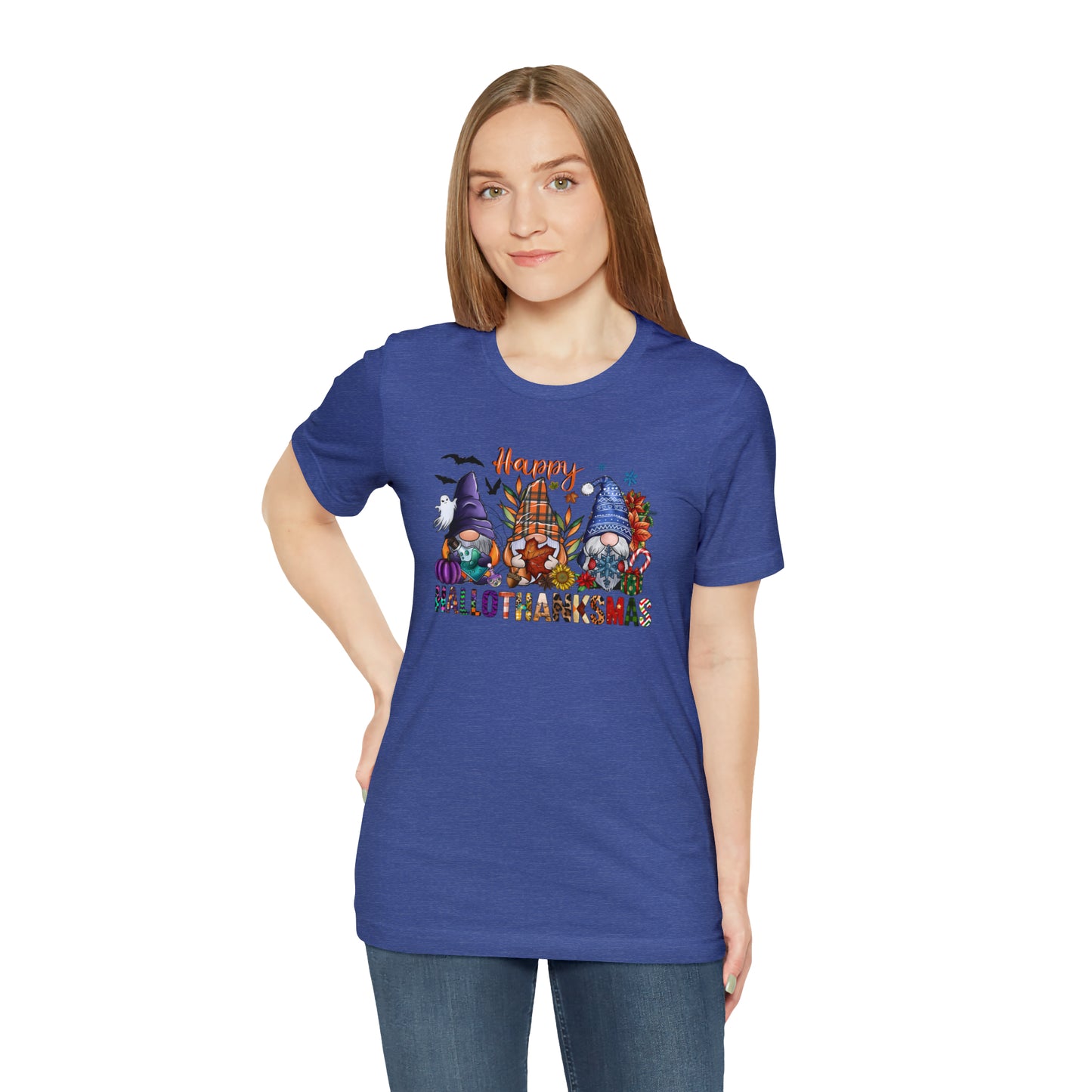 Year-Round Holiday Joy Gnome Trio Tee - Happy HALLOTHANKSMAS Celebration - Holiday Shirt