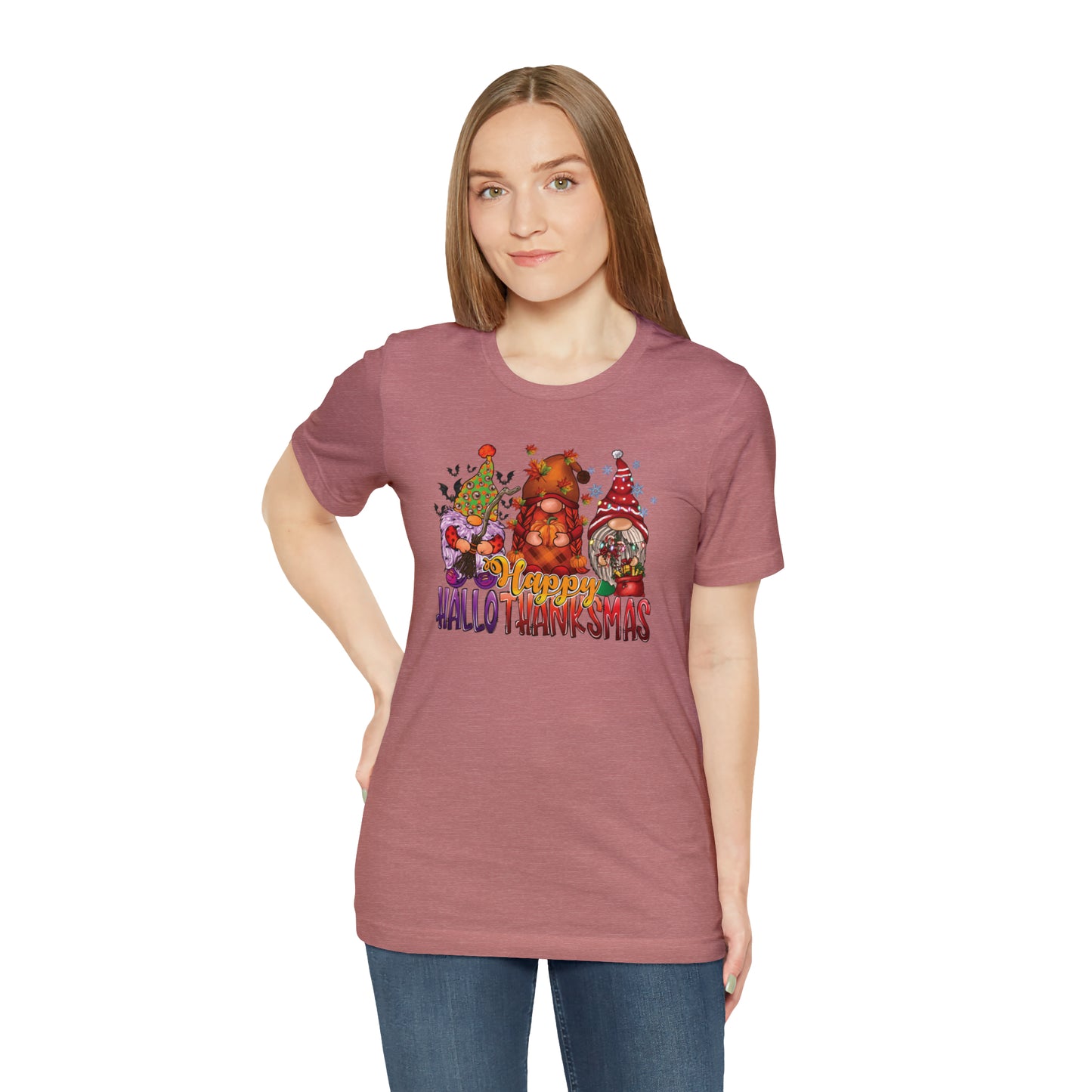 Happy HalloThanksmas Tee - Celebrate Every Season with Gnome-tastic Charm, Holiday Gift