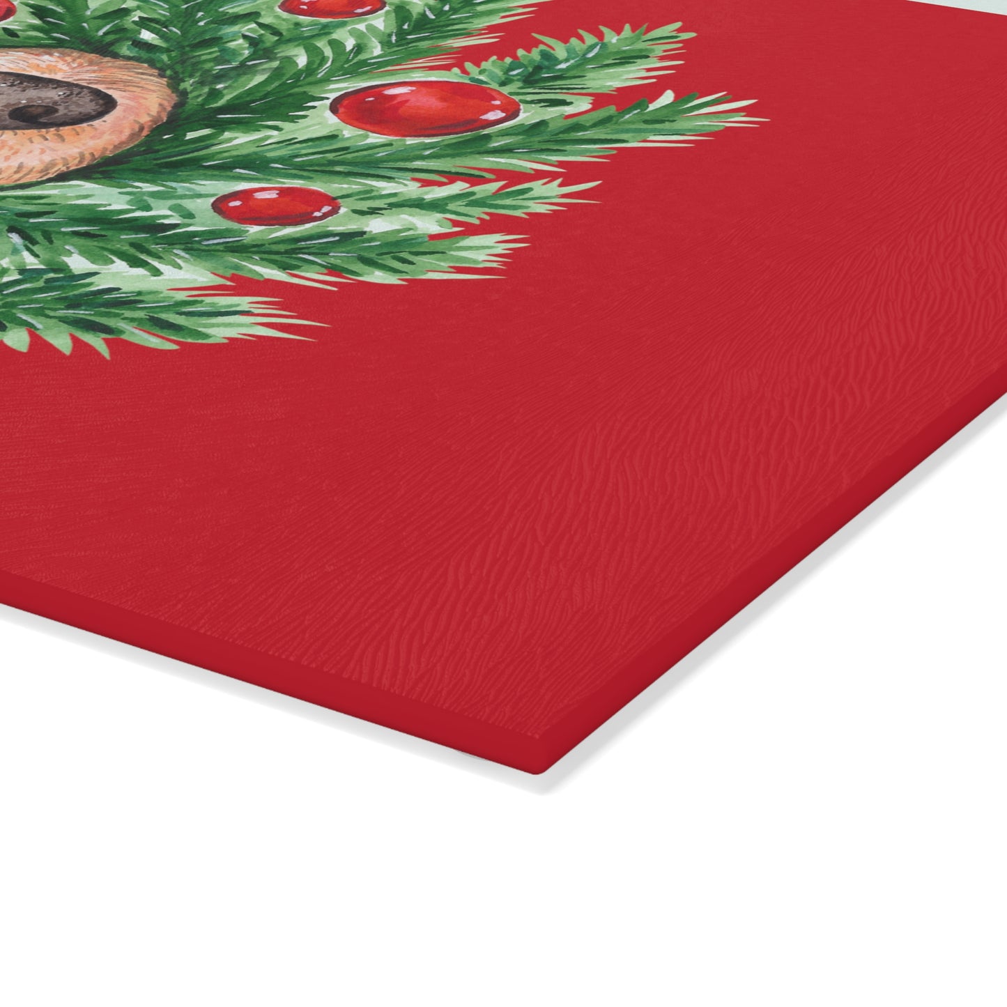 Whimsical Christmas Wreath Glass Cutting Board with Dog Nose - Festive Kitchen Decor in Two Sizes