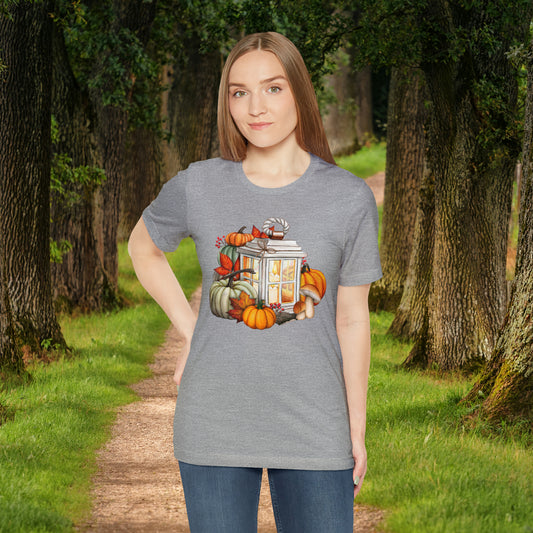Rustic Lantern and Fall Foliage Graphic Tee: Autumn Delight, Unisex Jersey Short Sleeve Tee