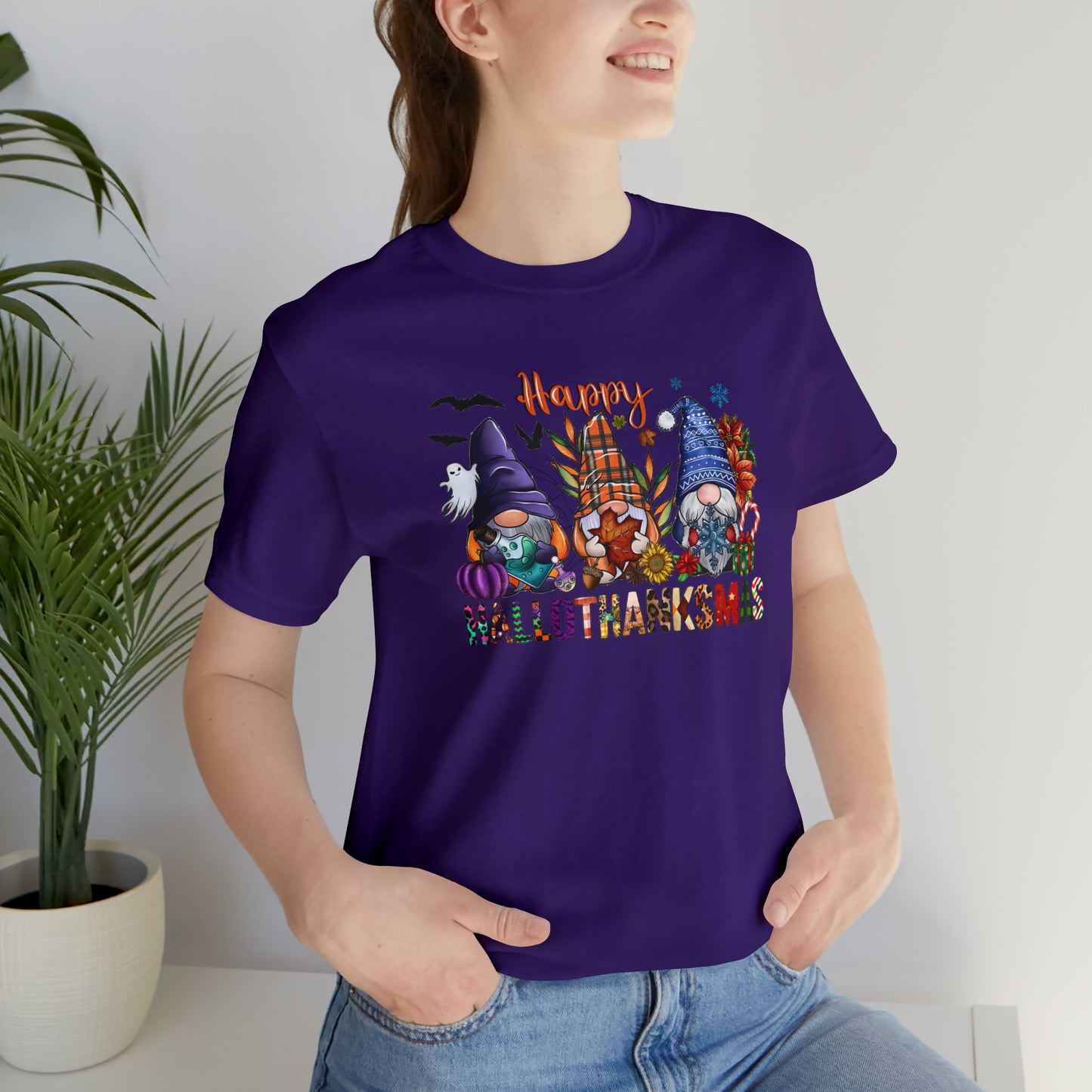Year-Round Holiday Joy Gnome Trio Tee - Happy HALLOTHANKSMAS Celebration - Holiday Shirt