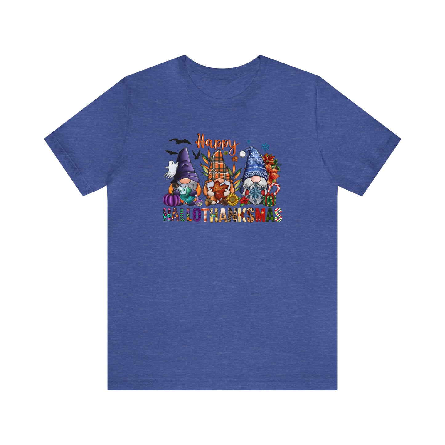 Year-Round Holiday Joy Gnome Trio Tee - Happy HALLOTHANKSMAS Celebration - Holiday Shirt