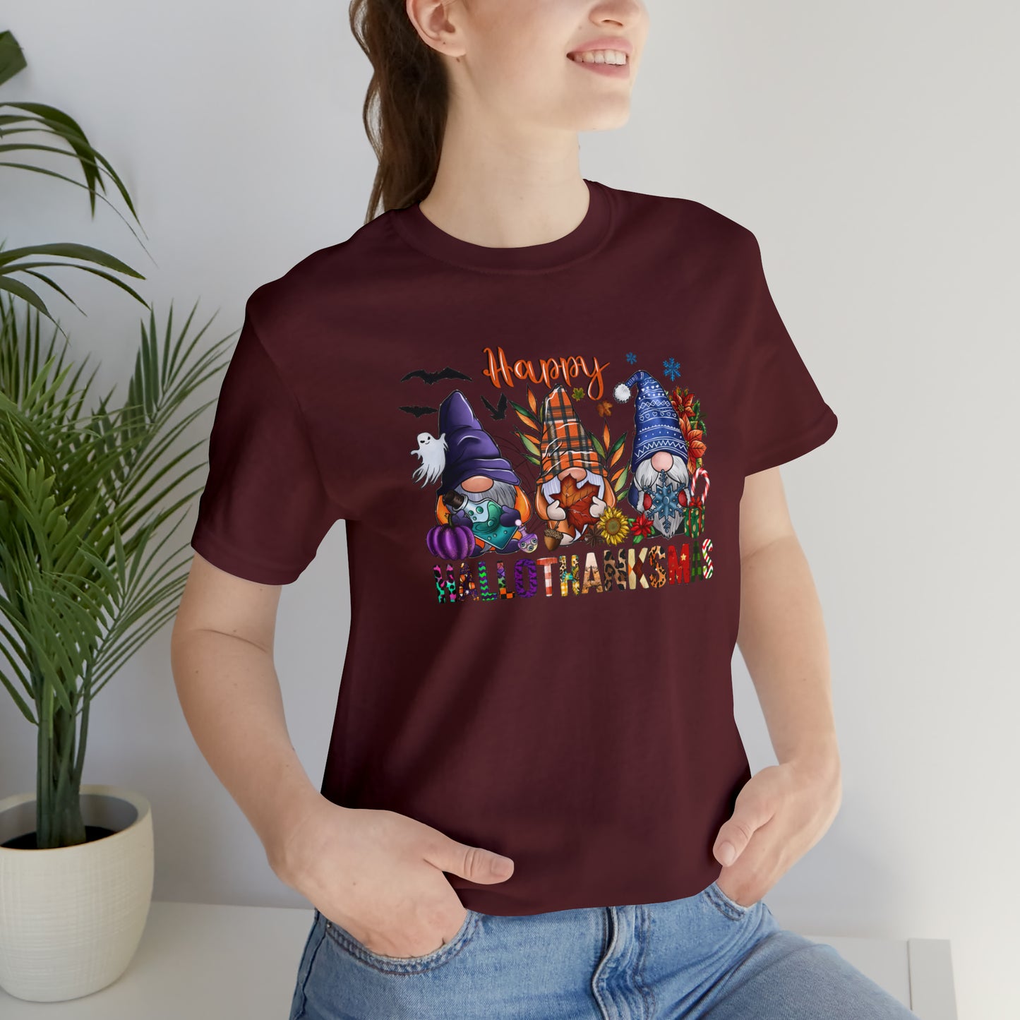 Year-Round Holiday Joy Gnome Trio Tee - Happy HALLOTHANKSMAS Celebration - Holiday Shirt