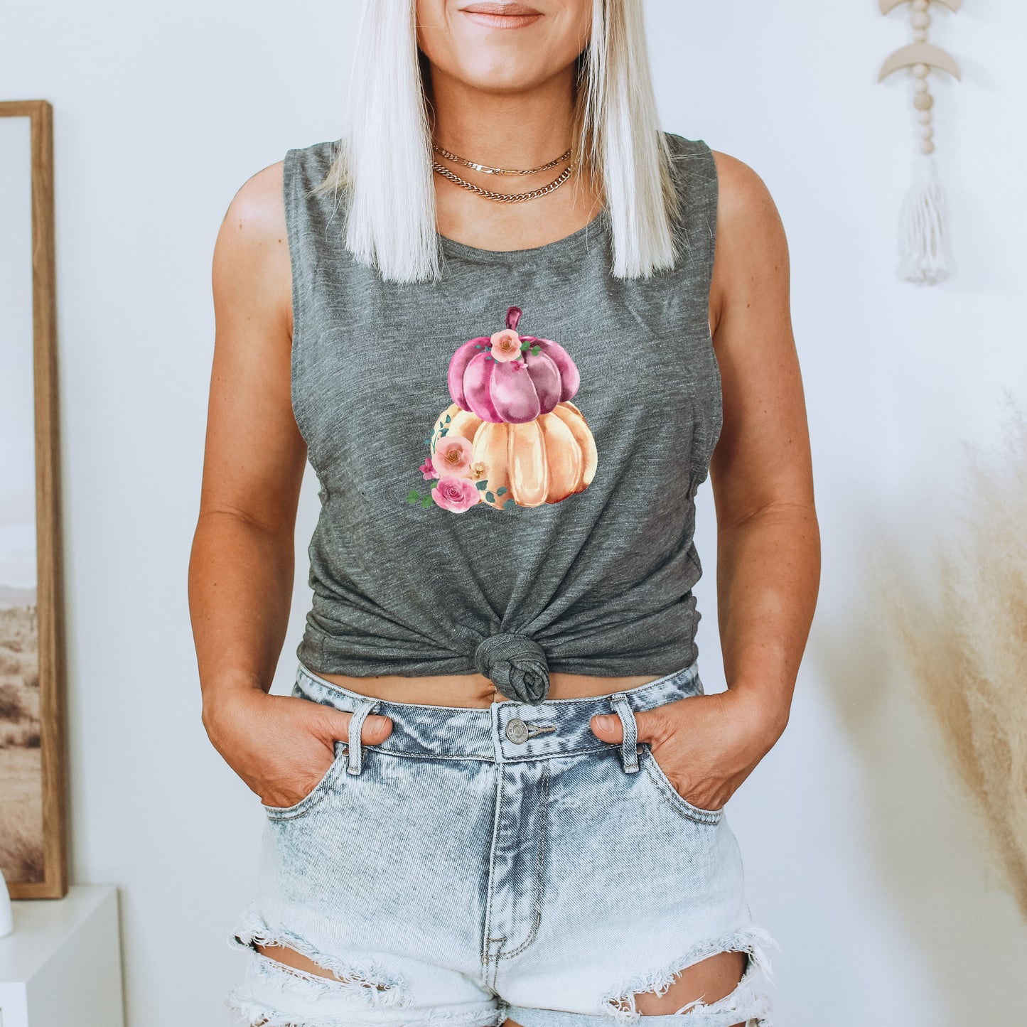 Fall Nature-Inspired Watercolor Pumpkin and Flower Women's Flowy Muscle Tank