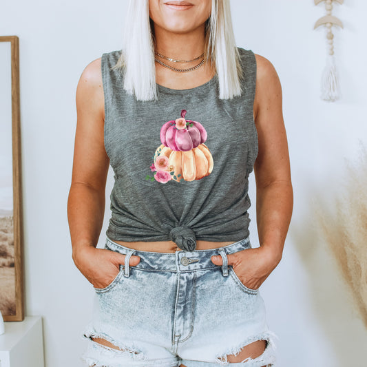 Fall Nature-Inspired Watercolor Pumpkin and Flower Women's Flowy Muscle Tank