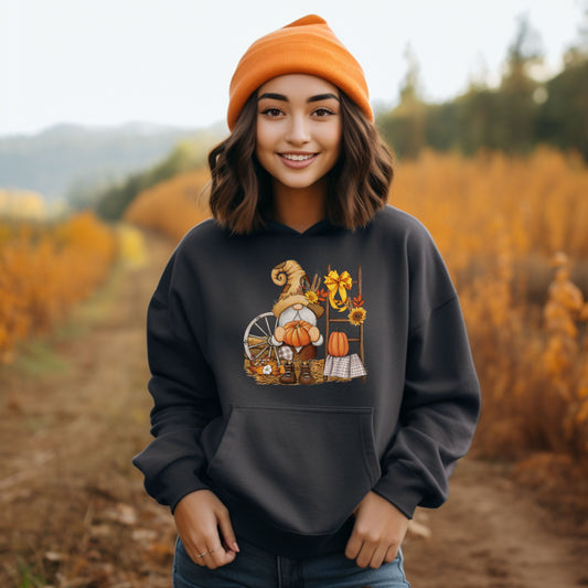 Country Gnome and Fall Harvest Spinning Wheel Pullover Hooded Sweatshirt