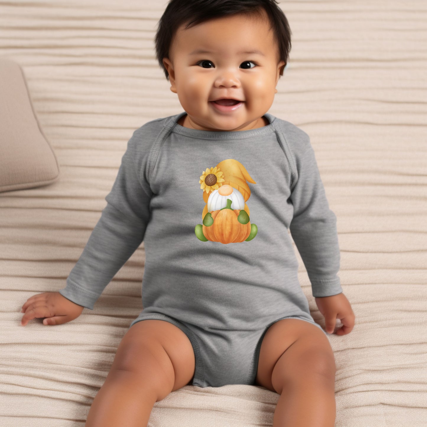 Enchanting Cuddly Gnome and Pumpkin Long-Sleeve Baby Onesie