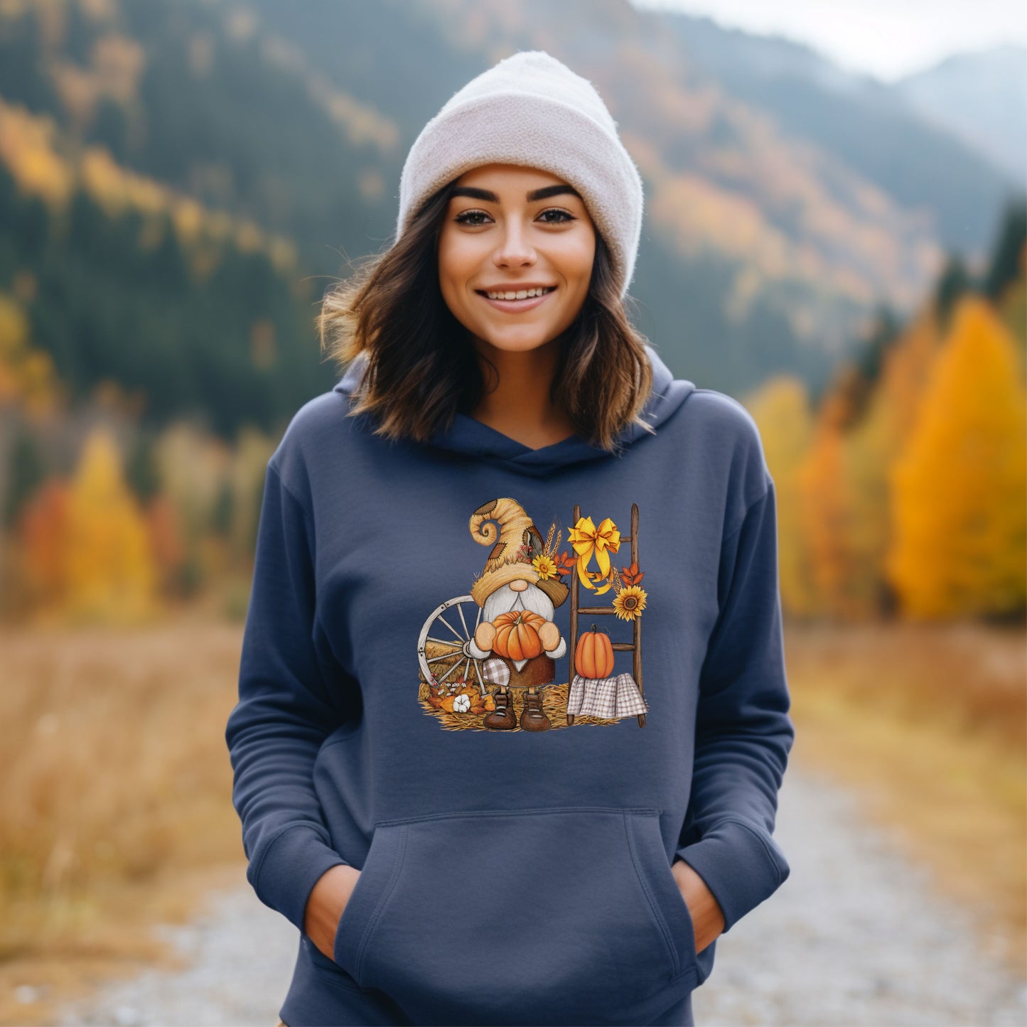 Country Gnome and Fall Harvest Spinning Wheel Pullover Hooded Sweatshirt