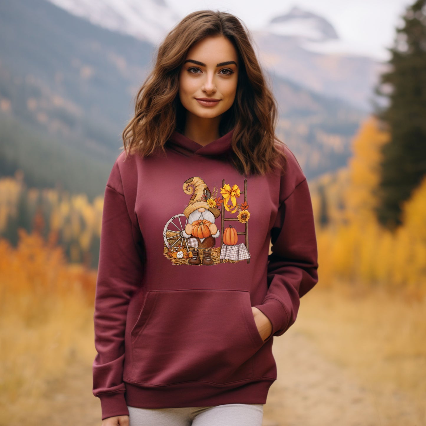 Country Gnome and Fall Harvest Spinning Wheel Pullover Hooded Sweatshirt