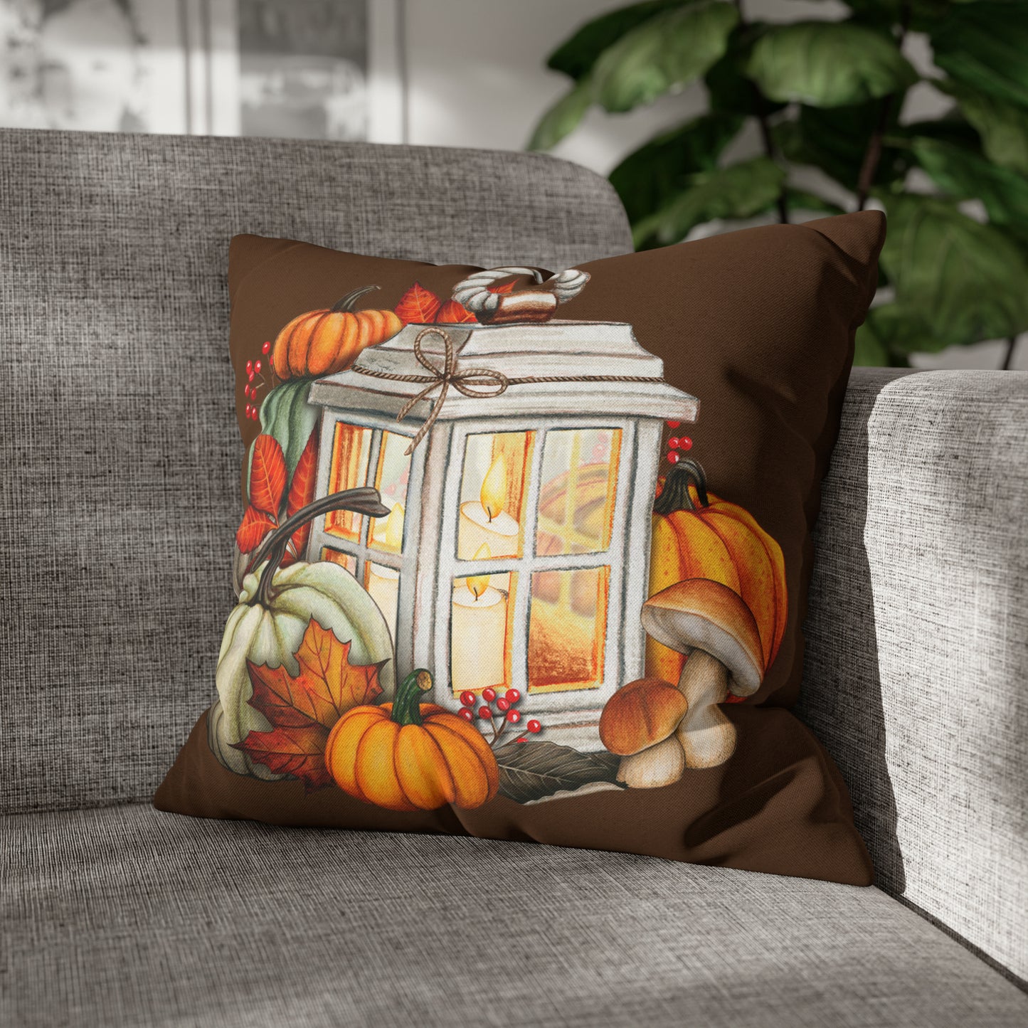 Rustic Lantern and Fall Foliage Spun Polyester Square Pillow Case
