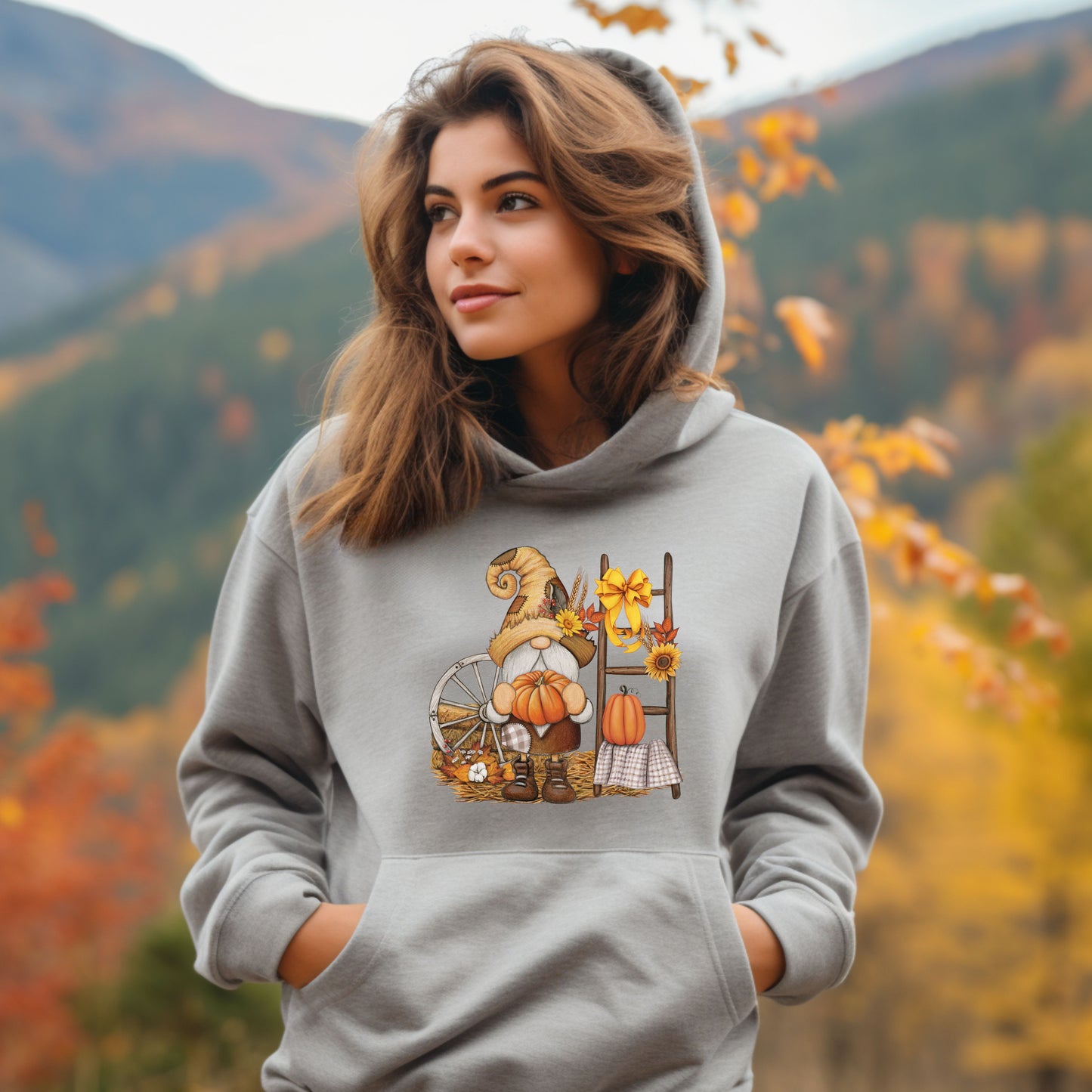 Country Gnome and Fall Harvest Spinning Wheel Pullover Hooded Sweatshirt