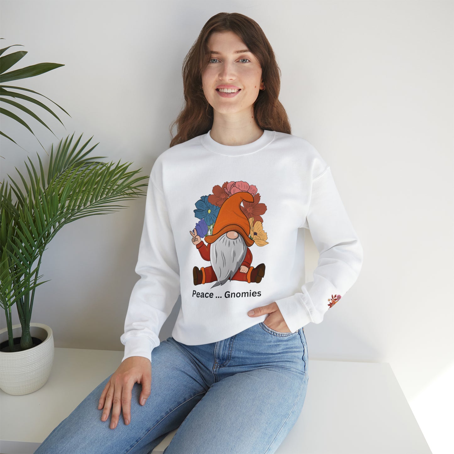 Fall-Themed Gnome Sweatshirt - Peace Gnomies - Cozy Autumn Wear, Crewneck Sweatshirt