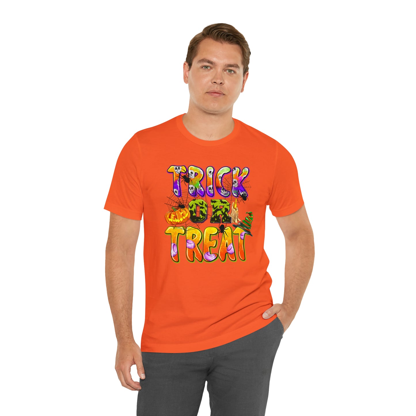 Trick or Treat Delight Halloween Tee - Jack-o'-Lantern, Spider, Witch's Hat, and Candle