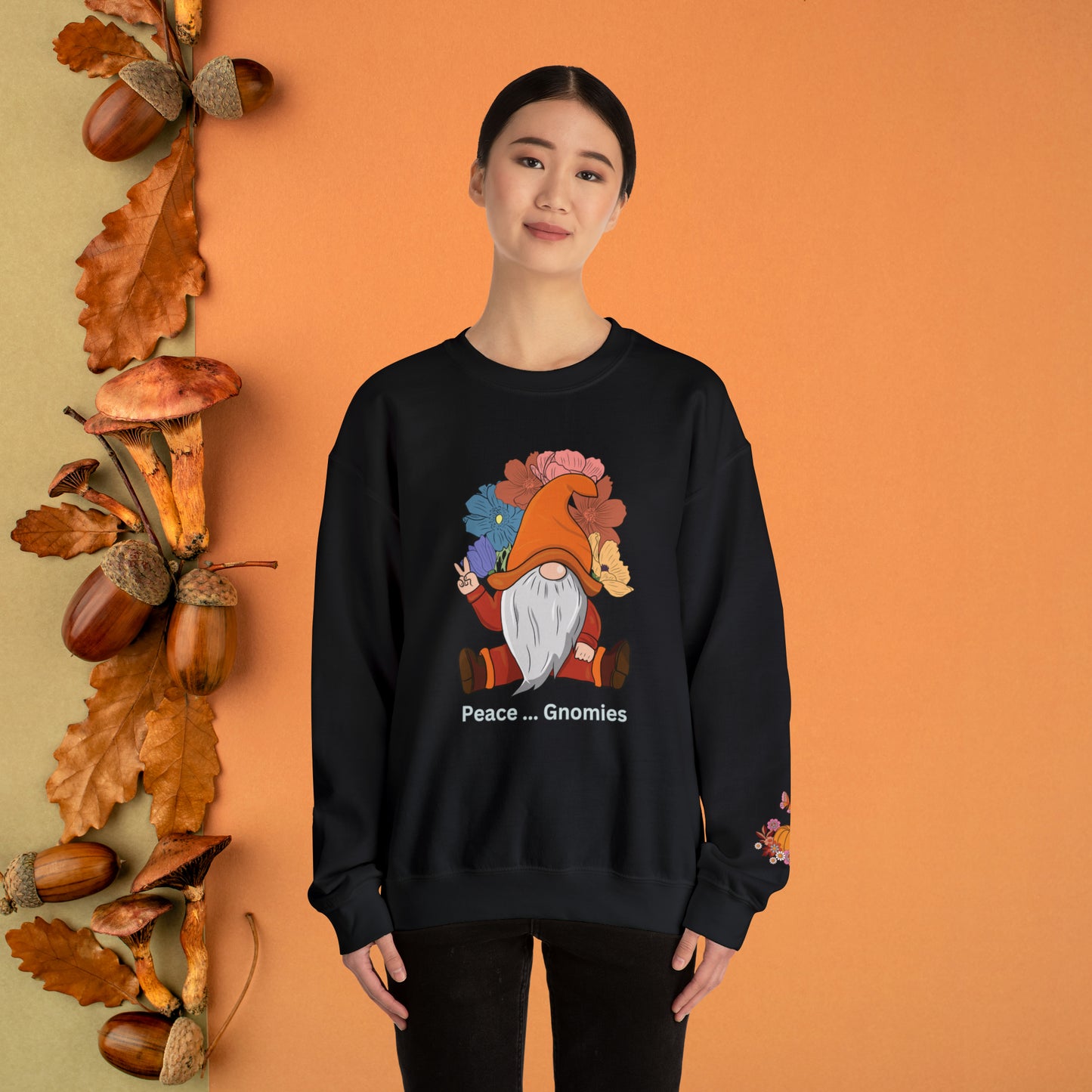 Fall-Themed Gnome Sweatshirt - Peace Gnomies - Cozy Autumn Wear, Crewneck Sweatshirt