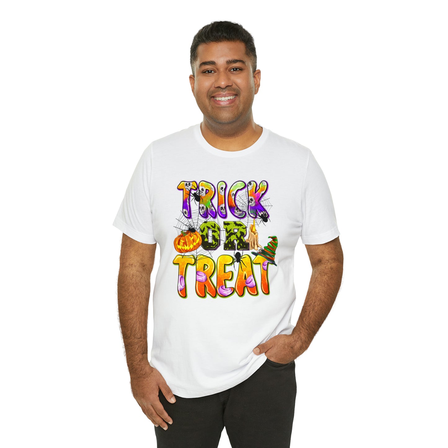 Trick or Treat Delight Halloween Tee - Jack-o'-Lantern, Spider, Witch's Hat, and Candle