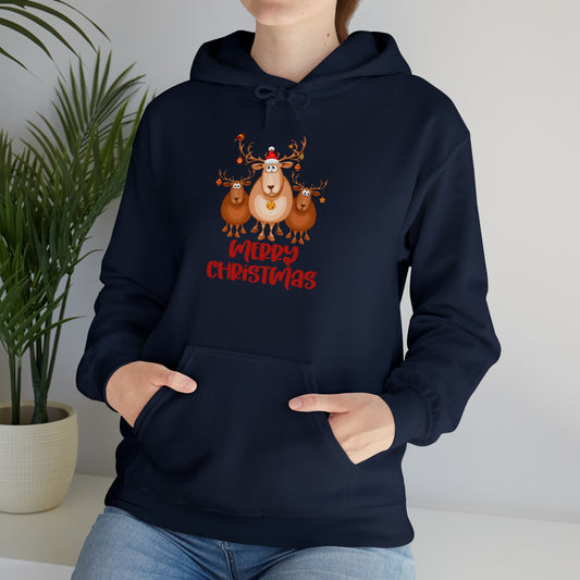 Joyful Reindeer Trio Merry Christmas Sweatshirt, Unisex Heavy Blend™ Hooded Sweatshirt