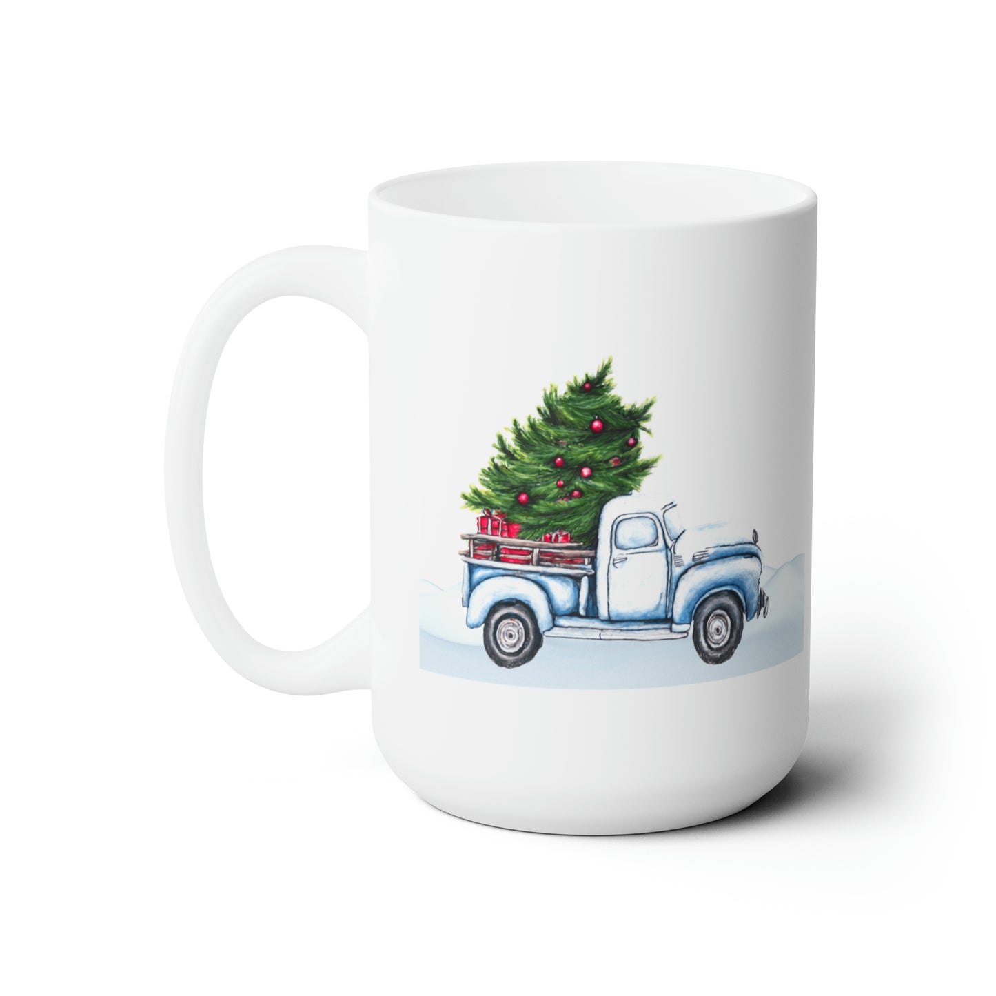 Bringing Home Christmas Cheer Ceramic Mug 15oz, Fun Christmas Vintage Mug, Vintage Truck and Tree