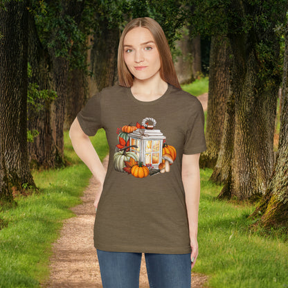 Rustic Lantern and Fall Foliage Graphic Tee: Autumn Delight, Unisex Jersey Short Sleeve Tee