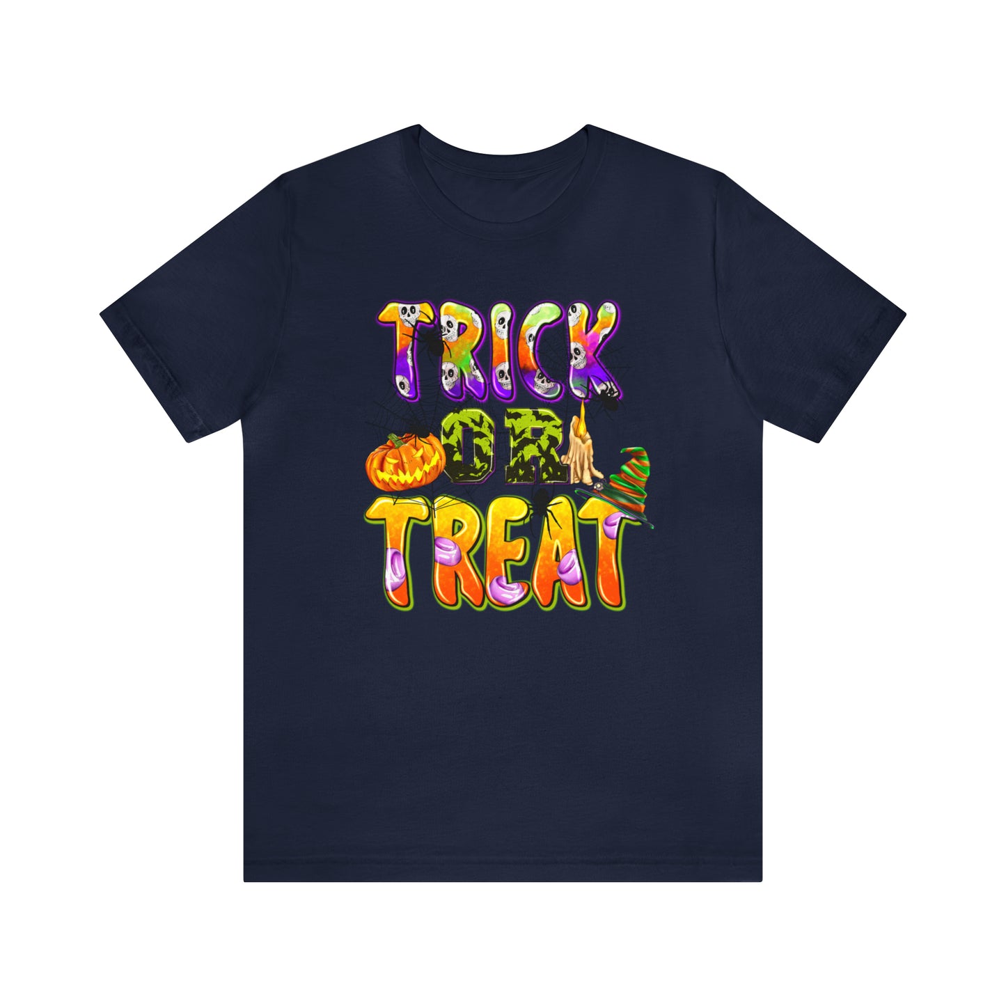 Trick or Treat Delight Halloween Tee - Jack-o'-Lantern, Spider, Witch's Hat, and Candle