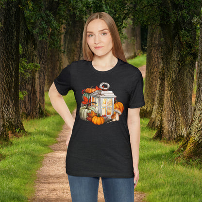 Rustic Lantern and Fall Foliage Graphic Tee: Autumn Delight, Unisex Jersey Short Sleeve Tee