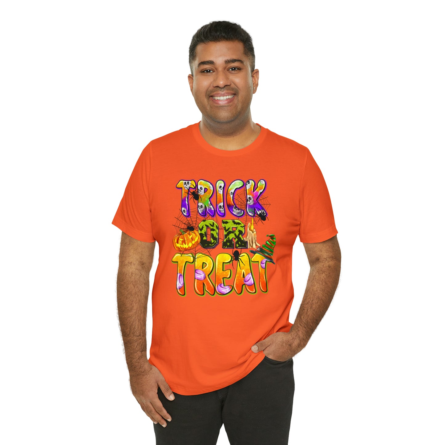 Trick or Treat Delight Halloween Tee - Jack-o'-Lantern, Spider, Witch's Hat, and Candle