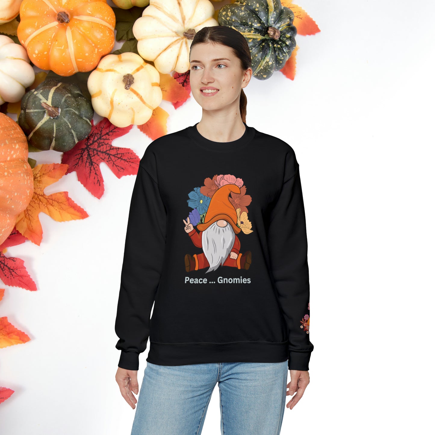 Fall-Themed Gnome Sweatshirt - Peace Gnomies - Cozy Autumn Wear, Crewneck Sweatshirt