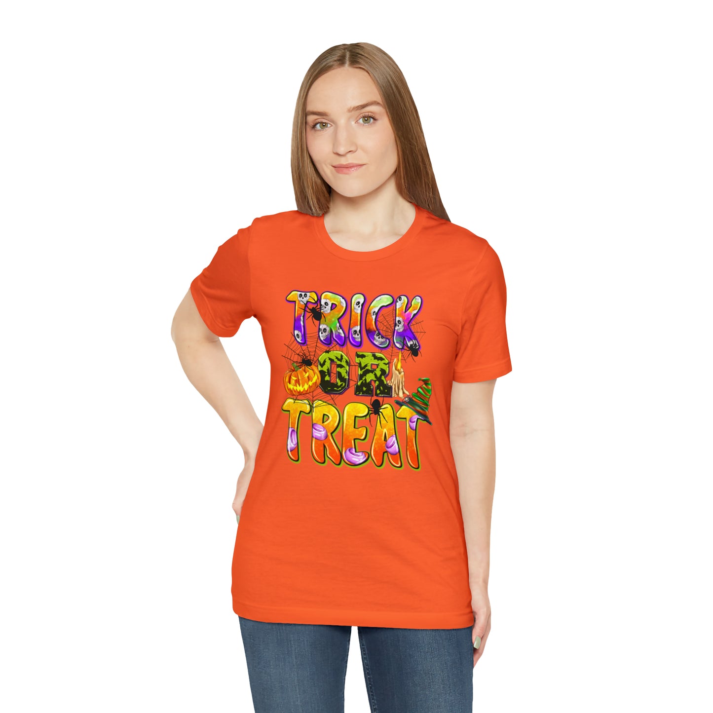 Trick or Treat Delight Halloween Tee - Jack-o'-Lantern, Spider, Witch's Hat, and Candle