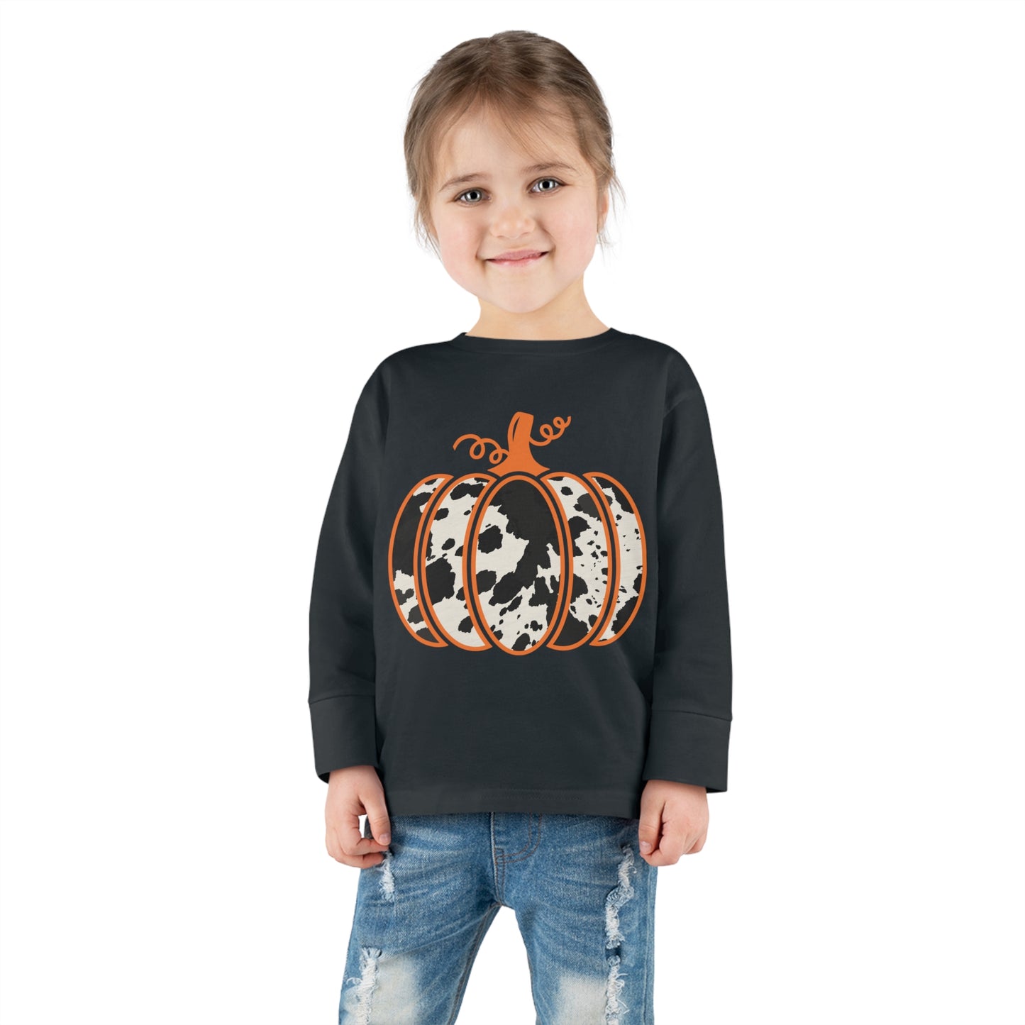 Adorable Festive Fall Cow Print Pumpkin Toddler Shirt with Long Sleeves