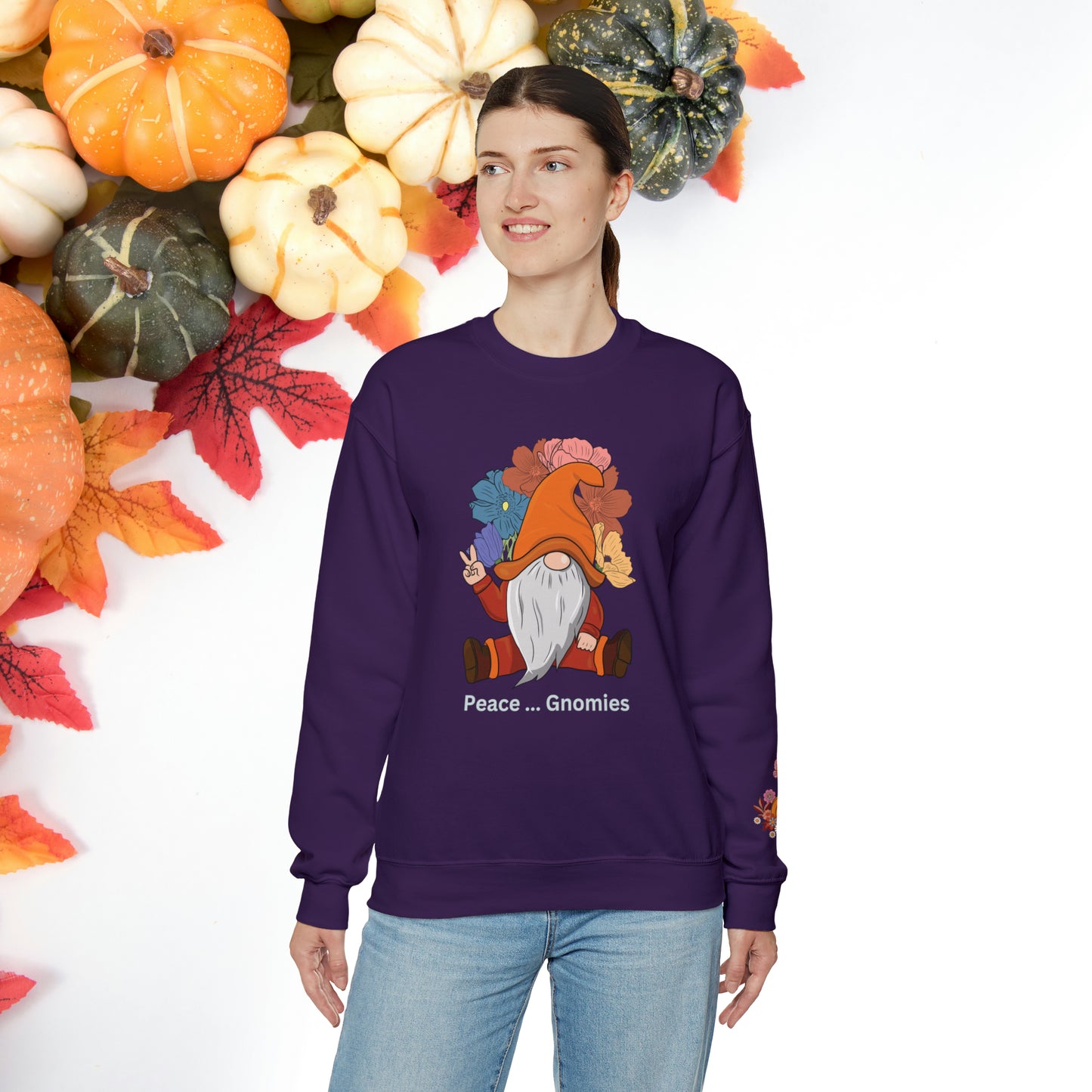 Fall-Themed Gnome Sweatshirt - Peace Gnomies - Cozy Autumn Wear, Crewneck Sweatshirt