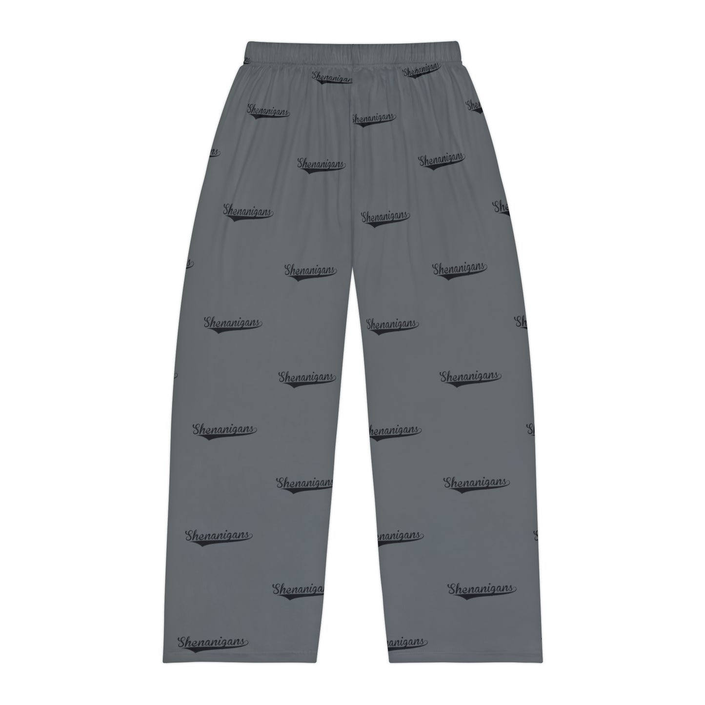 Shenanigans Men's Pajama pants bottoms in dark grey with black text. Funny shenanigans PJ's, St. Patty's day pants.