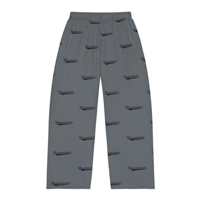 Shenanigans Men's Pajama pants bottoms in dark grey with black text. Funny shenanigans PJ's, St. Patty's day pants.