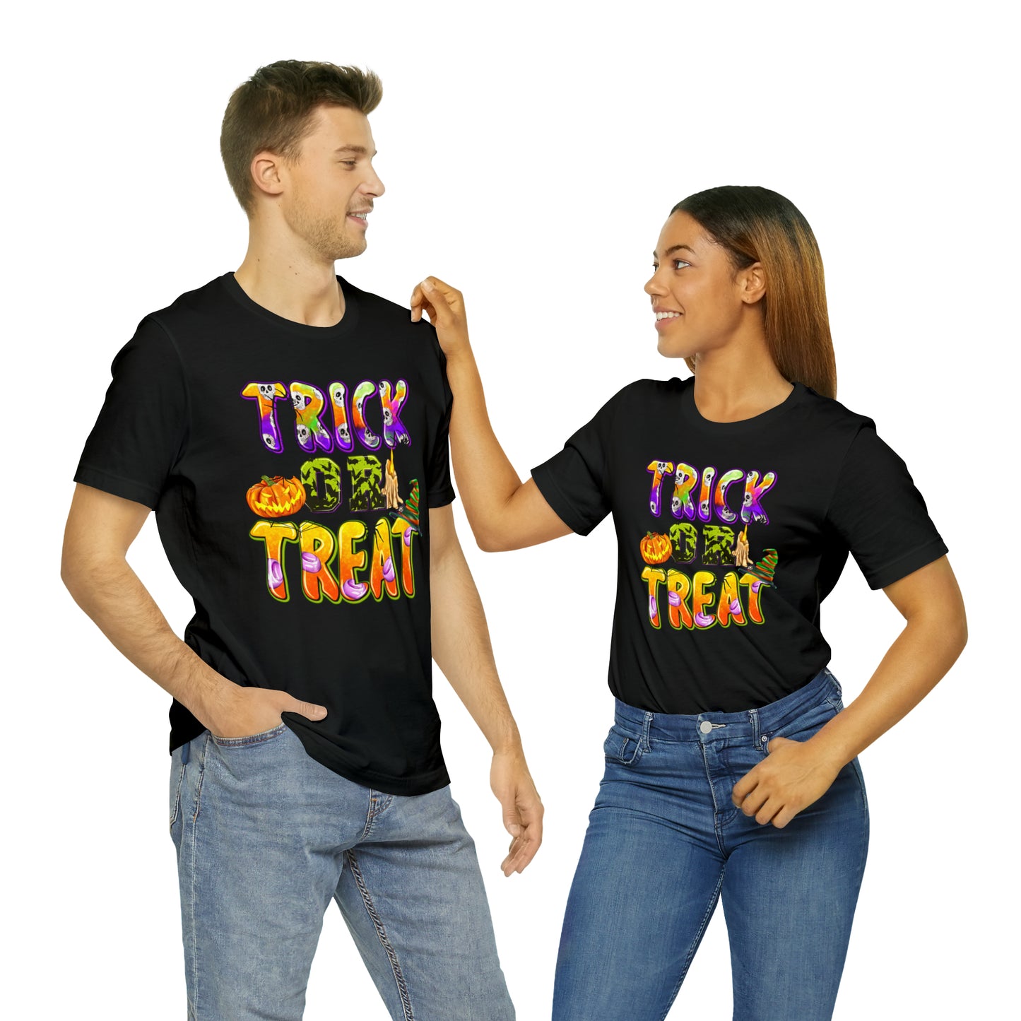 Trick or Treat Delight Halloween Tee - Jack-o'-Lantern, Spider, Witch's Hat, and Candle