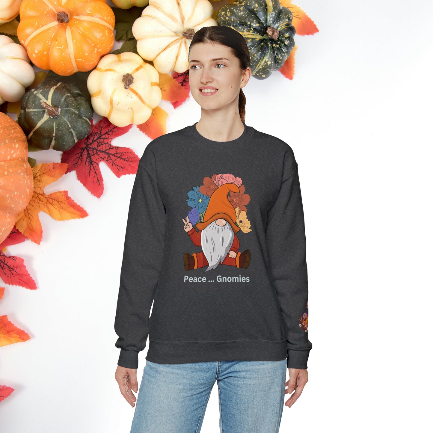 Fall-Themed Gnome Sweatshirt - Peace Gnomies - Cozy Autumn Wear, Crewneck Sweatshirt