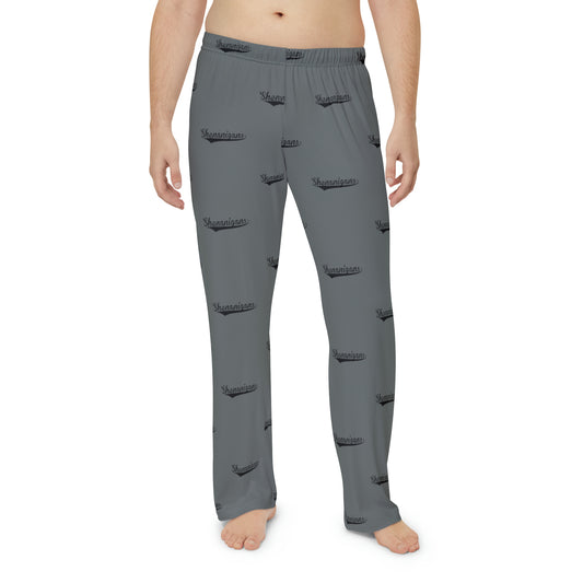 Shenanigans Men's Pajama pants bottoms in dark grey with black text. Funny shenanigans PJ's, St. Patty's day pants.