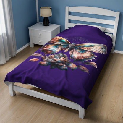 Purple Butterfly Velveteen Plush Blanket - Luxuriously Soft 83% Polyester & 17% Spandex