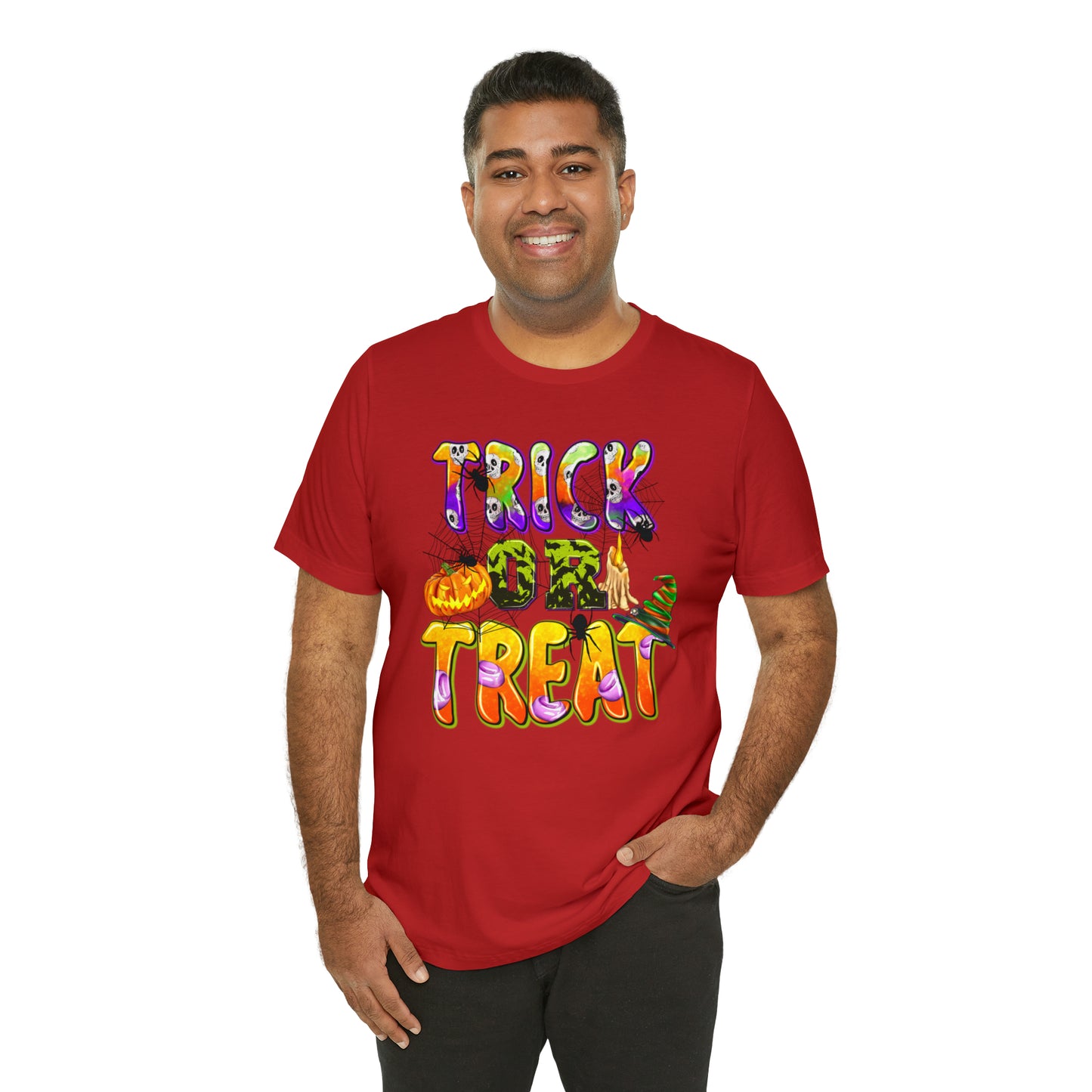 Trick or Treat Delight Halloween Tee - Jack-o'-Lantern, Spider, Witch's Hat, and Candle