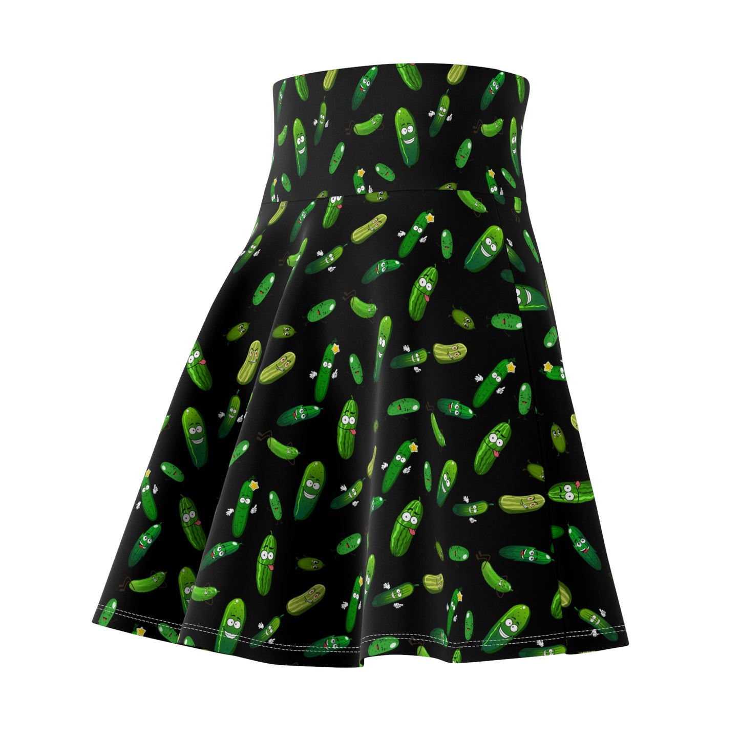 Pickle Party Delight: Black Skater Skirt with Whimsical Pickle Pattern