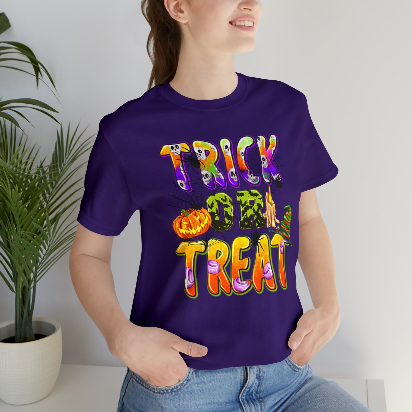 Trick or Treat Delight Halloween Tee - Jack-o'-Lantern, Spider, Witch's Hat, and Candle