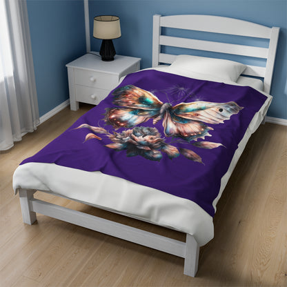 Purple Butterfly Velveteen Plush Blanket - Luxuriously Soft 83% Polyester & 17% Spandex