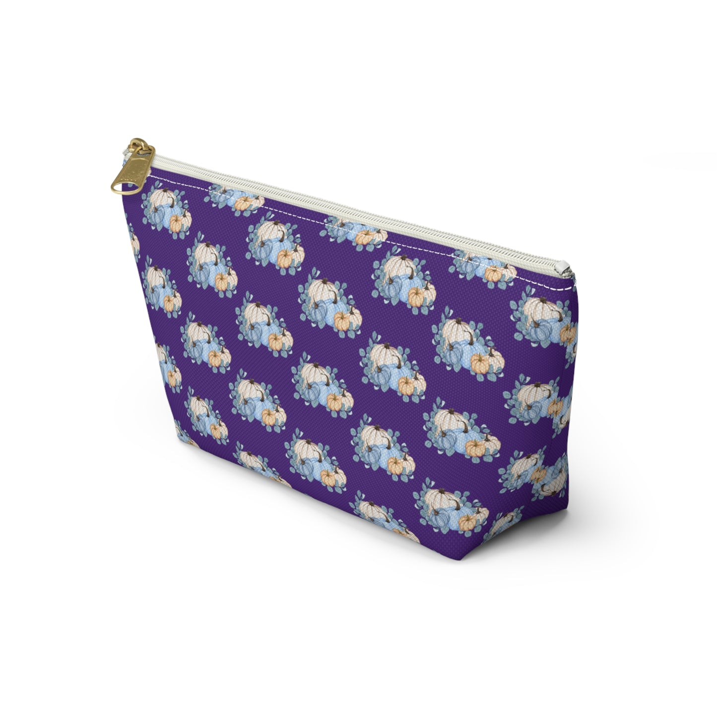 Fall Pumpkin Stack T-Bottom Zippered Pouch with Cream, Orange, and Blue Details