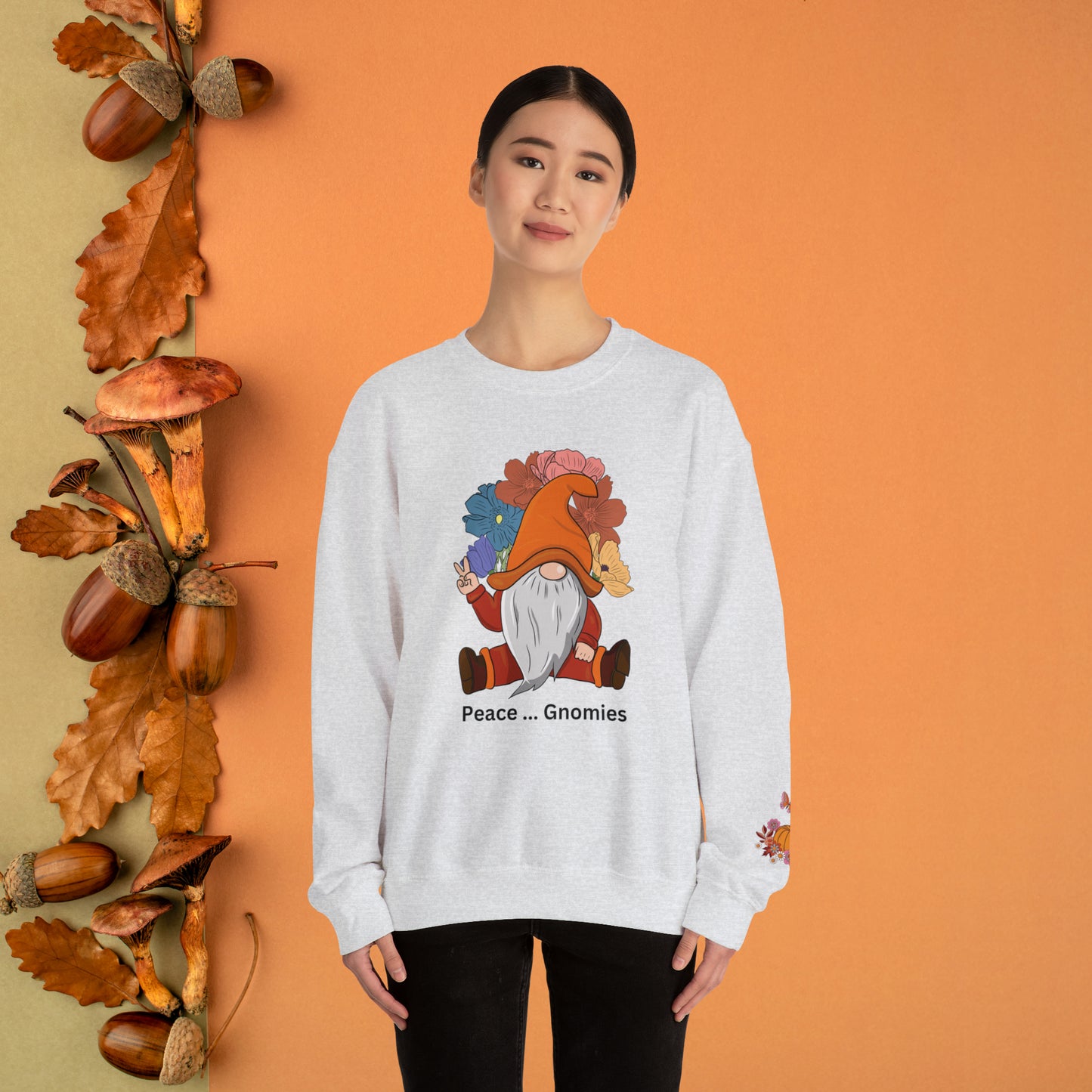 Fall-Themed Gnome Sweatshirt - Peace Gnomies - Cozy Autumn Wear, Crewneck Sweatshirt