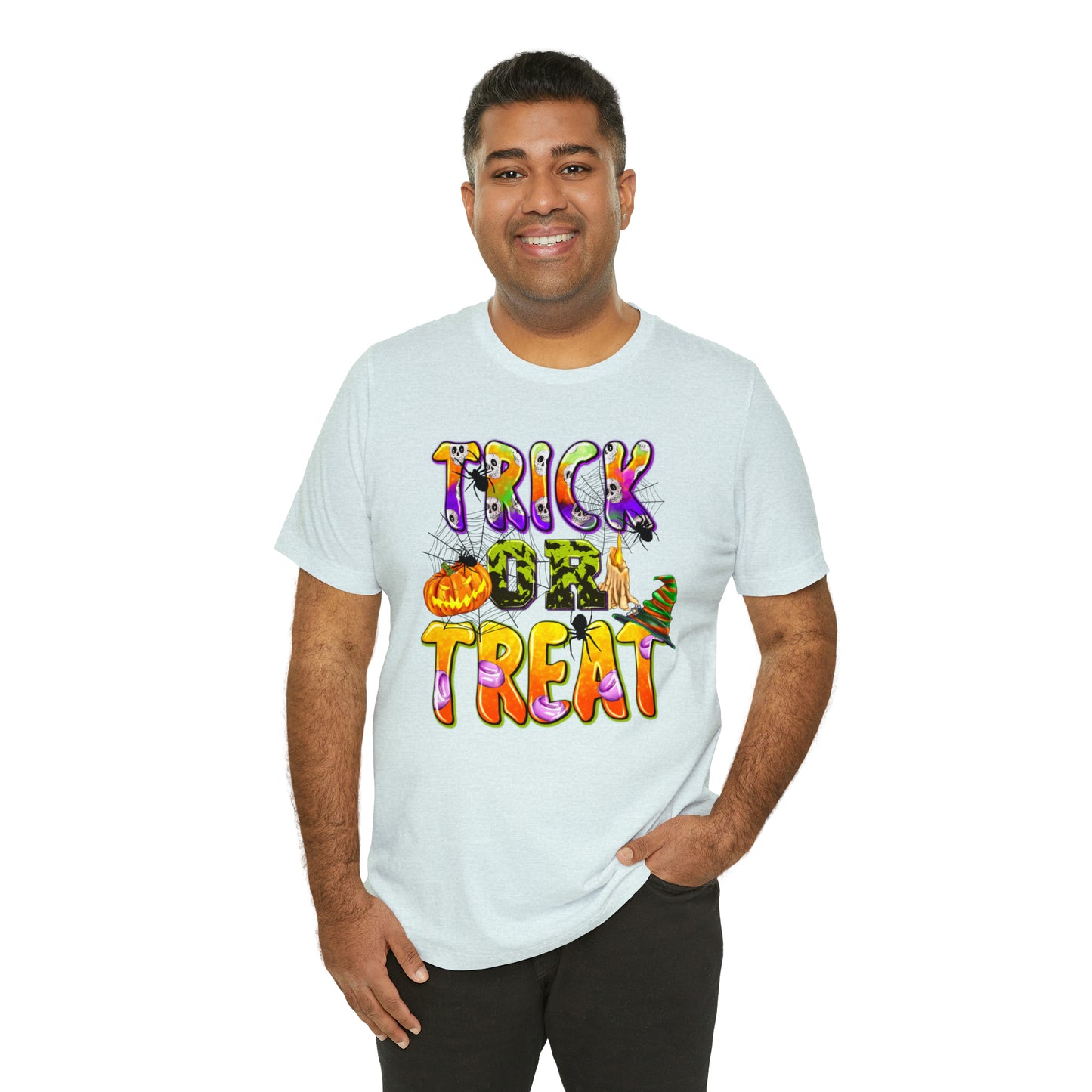 Trick or Treat Delight Halloween Tee - Jack-o'-Lantern, Spider, Witch's Hat, and Candle